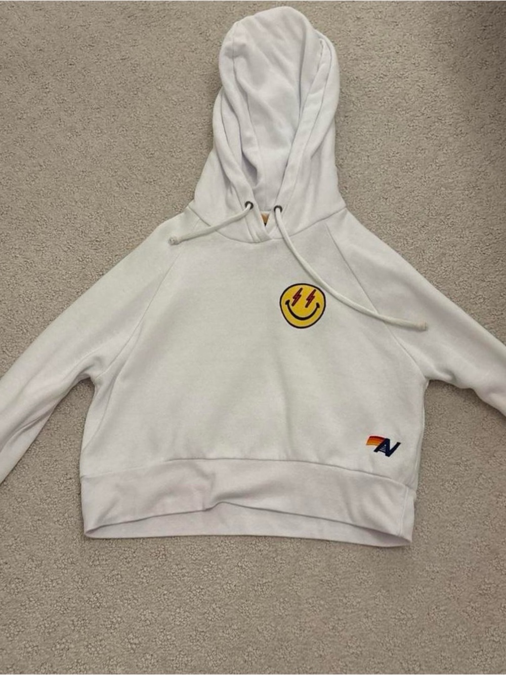 aviator nation White Cropped Hoodie Sweatshirt with Smiley Patch xs